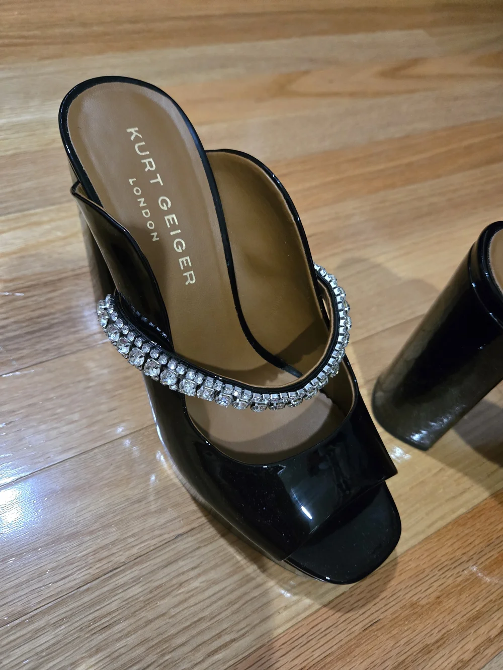 Kurt Geiger Black Patent Block Heel Sandal with Rhinestone Strap
